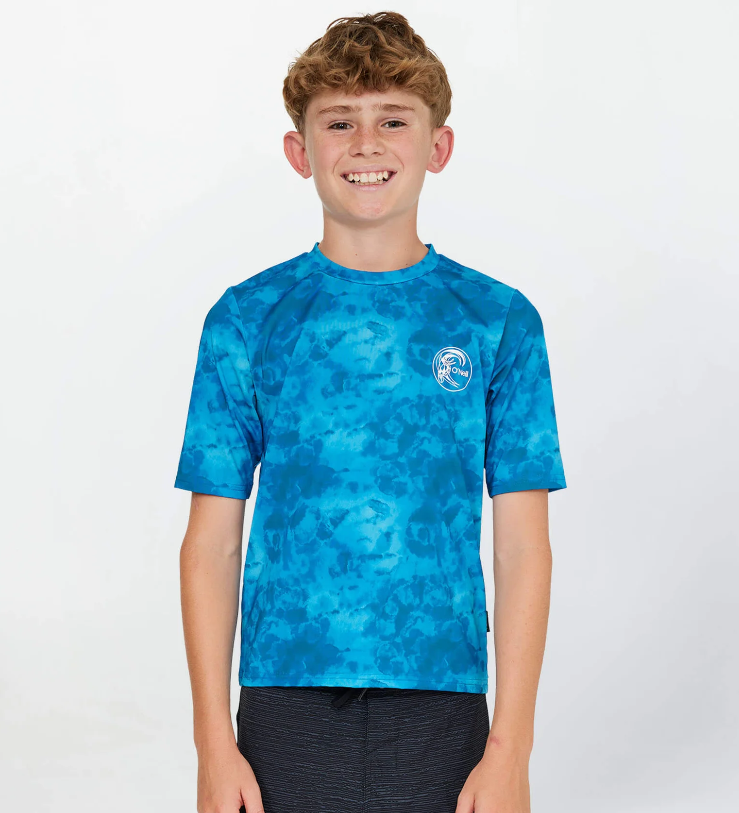 O'Neill Boys Dopedye SS UV Rash Tee in trippy surf tie dyed blue on model from front close up