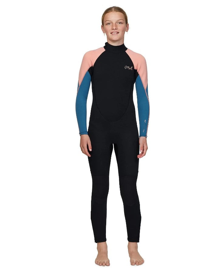 O'Neill Girls Reactor 3/2mm FL Wetsuit in black with deep blue and peach colourway on model from front