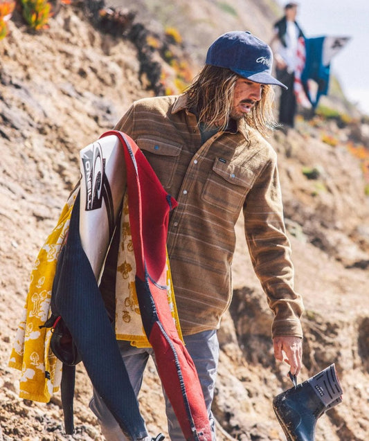 O'Neill Glacier Mens SuperFleece OverShirt on surfer at the beach with surfboard and wetsuit