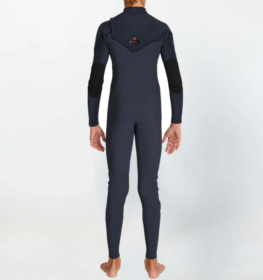 O'Neill Boys Hyperfreak Fire 4/3mm Chest Zip Wetsuit in gunmetal on model from rear
