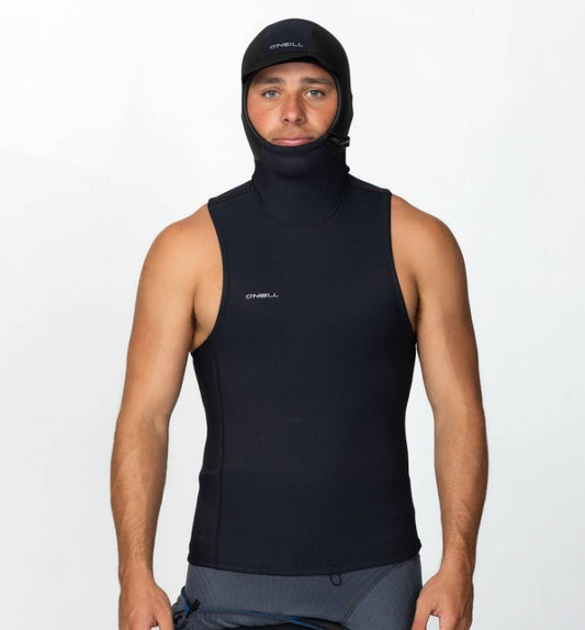 O'Neill Hyperfire No Sleeve GBS Hooded Wetsuit Vest in black on model from front