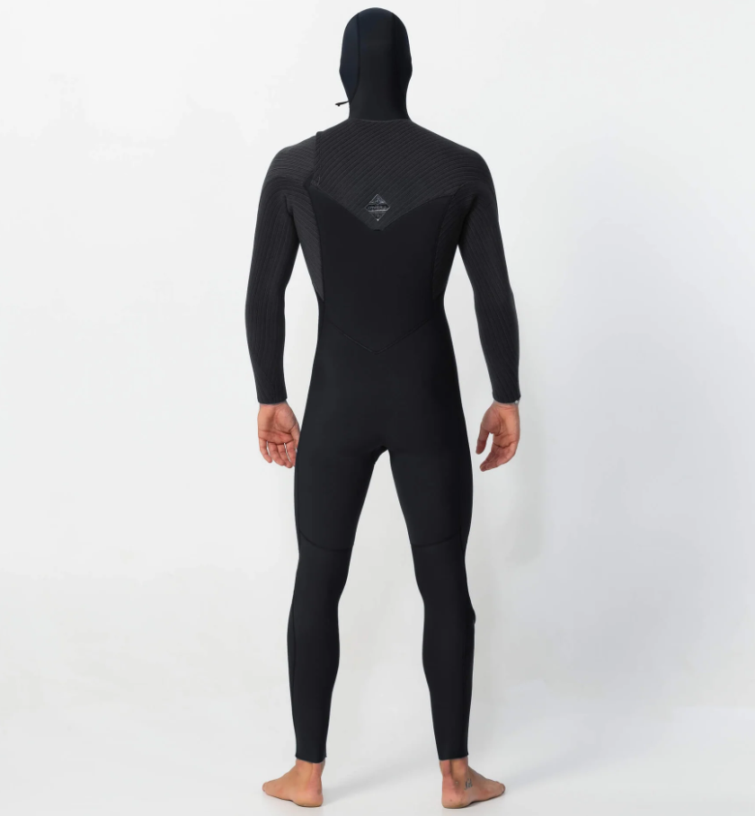 O'Neill Hyperfreak 4/3+mm Hooded Chest Zip Wetsuit on model with hood up from rear
