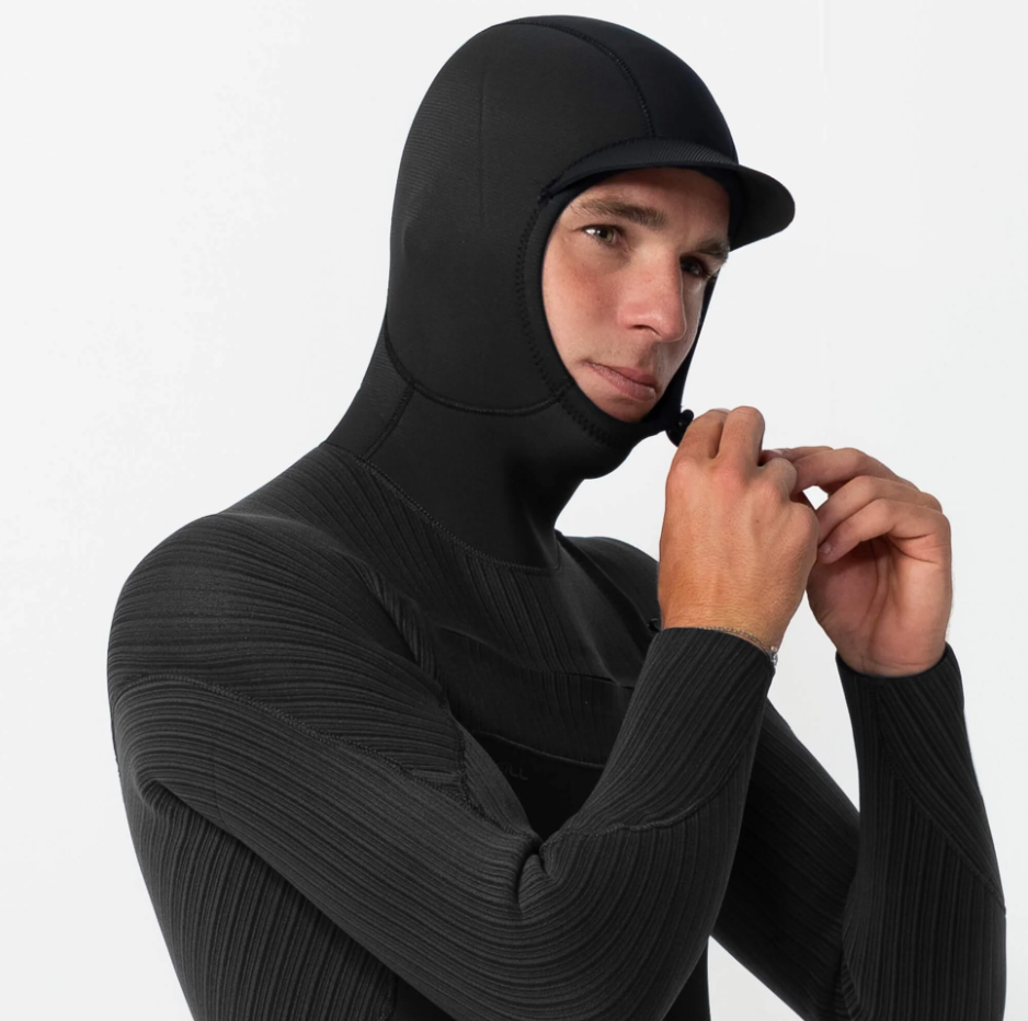 O'Neill Hyperfreak 4/3+mm Hooded Chest Zip Wetsuit from close up hood up