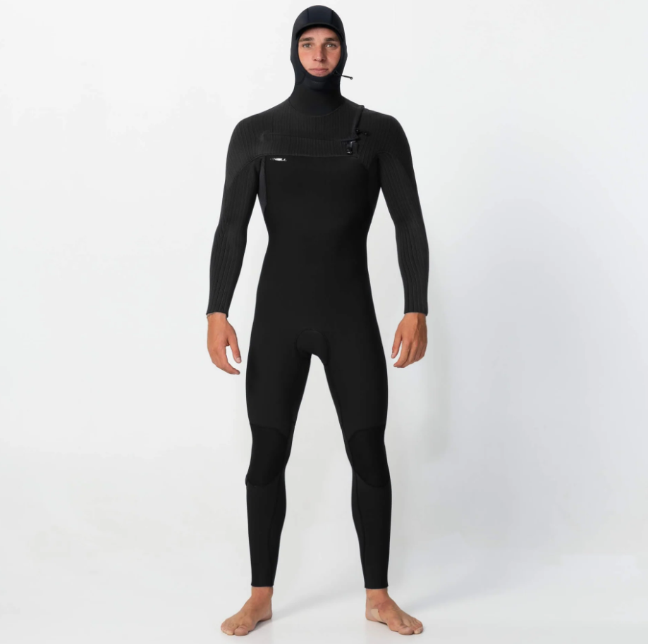 O'Neill Hyperfreak 4/3+mm Hooded Chest Zip Wetsuit in black on model with hood up from front