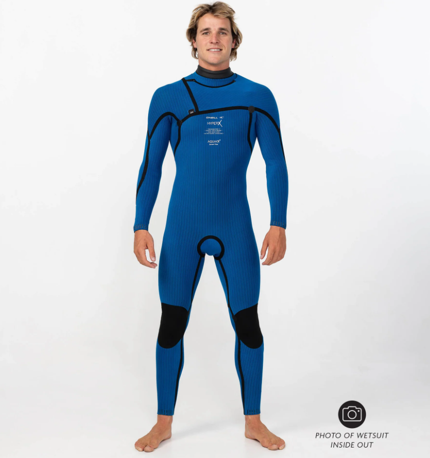 O'Neill HyperX 4/3mm Stitchless Chest Zip Wetsuit in black on model from inside showing lining