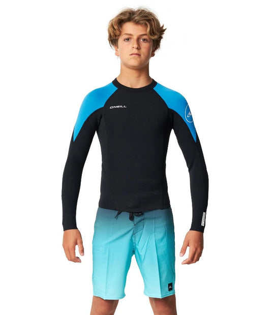 O'Neill Boys Reactor II 1.5mm LS Wetsuit Vest  in black and ocean colourway