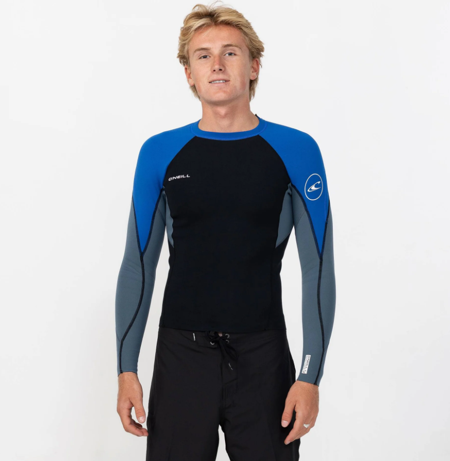 O'Neill Reactor 1.5mm Long Sleeve Wetsuit Vest in black, blue and grey on model from the front close up