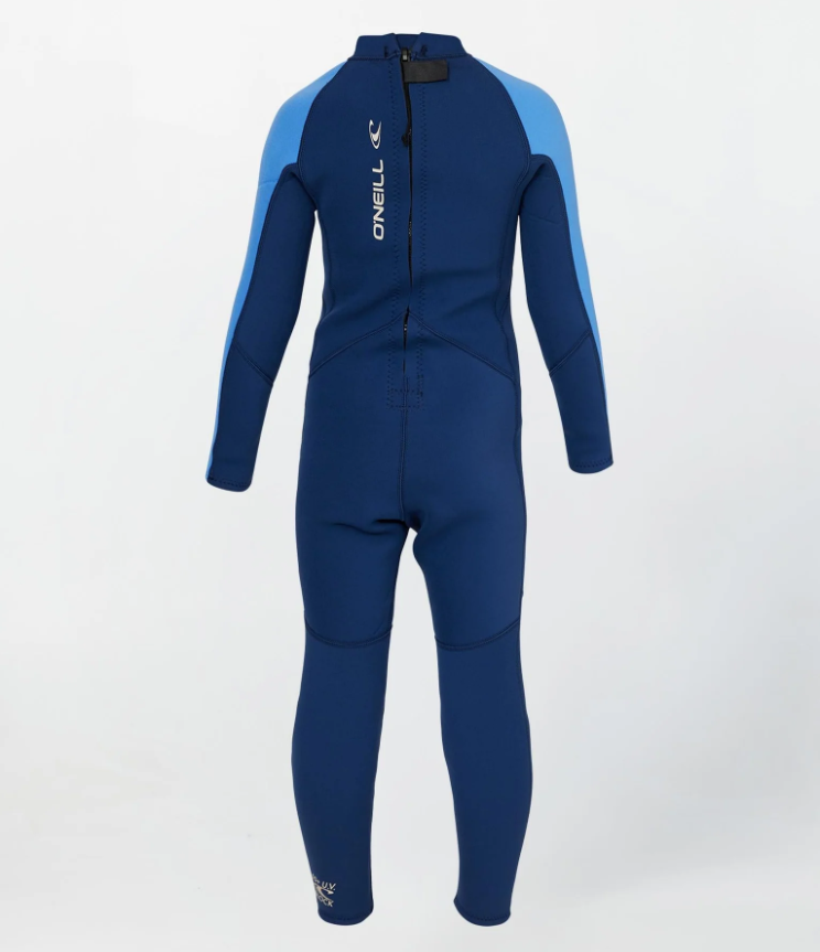 O'Neill Reactor 2mm Back Zip Toddler Wetsuit in navy with light blue arms from rear