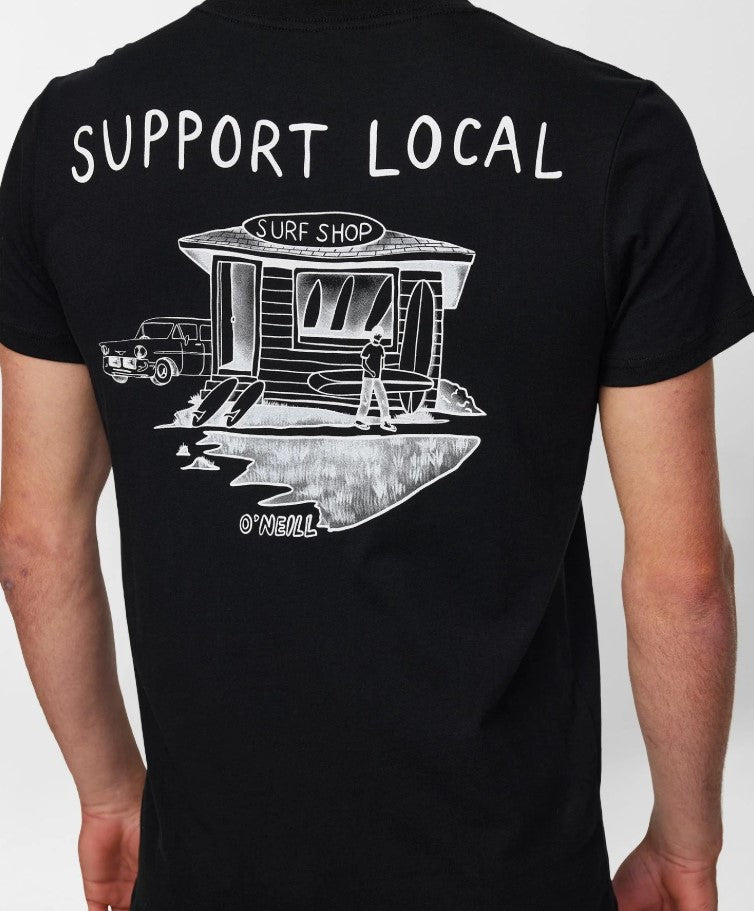 O'Neill Support Local T-Shirt in black from rear showing an old school surf shop with the words support local above it
