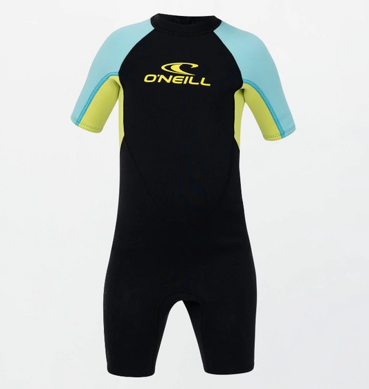 O'Neill 2mm Toddler Reactor Spring Wetsuit in black with lime and teal from the front
