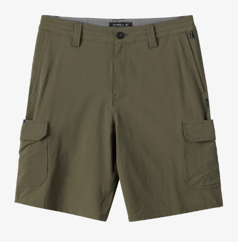O'Neill TRVLR Cargo 20" Hybrid Shorts
 in army colourway from front flatlay