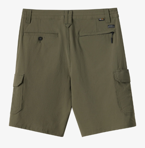 O'Neill TRVLR Cargo 20" Hybrid Shorts
 in army colourway from rear flatlay