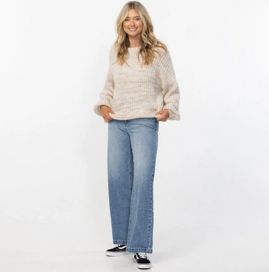 O'Neill Bayou Womens Knit Sweater in multi colour on model in blue jeans from front