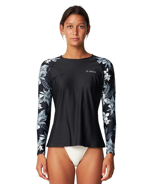 O'Neill Womens Salina Long Sleeve UPF Surf Tee in wild orchid colourway on model from front