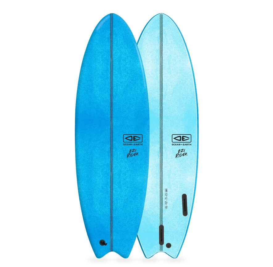 Ocean and Earth 5'6 Ezi-Rider Softboard in blue showing deck and bottom of board