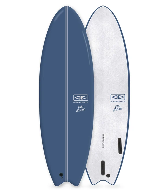 Ocean and Earth 6'0 Ezi-Rider 2.0 Softboard in dark blue with white bottom showing both views