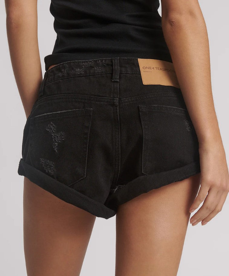 One Teaspoon Bandit Low Waist Denim Shorts in double black from rear