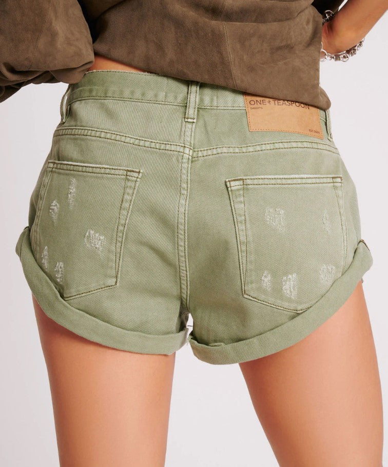 One Teaspoon Bandit Low Waist Denim Shorts in super khaki colourway from rear view