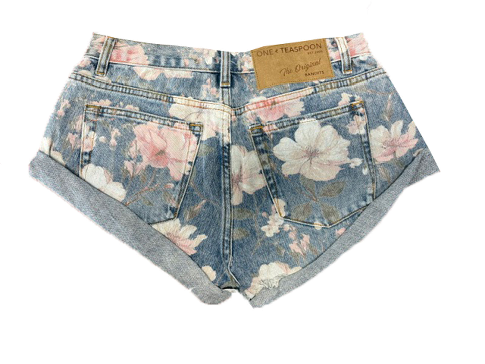 One Teaspoon Lovelorn Bloom Bandits Low Waist Denim Shorts in cobaine blue denim with floral print from rear flat lay