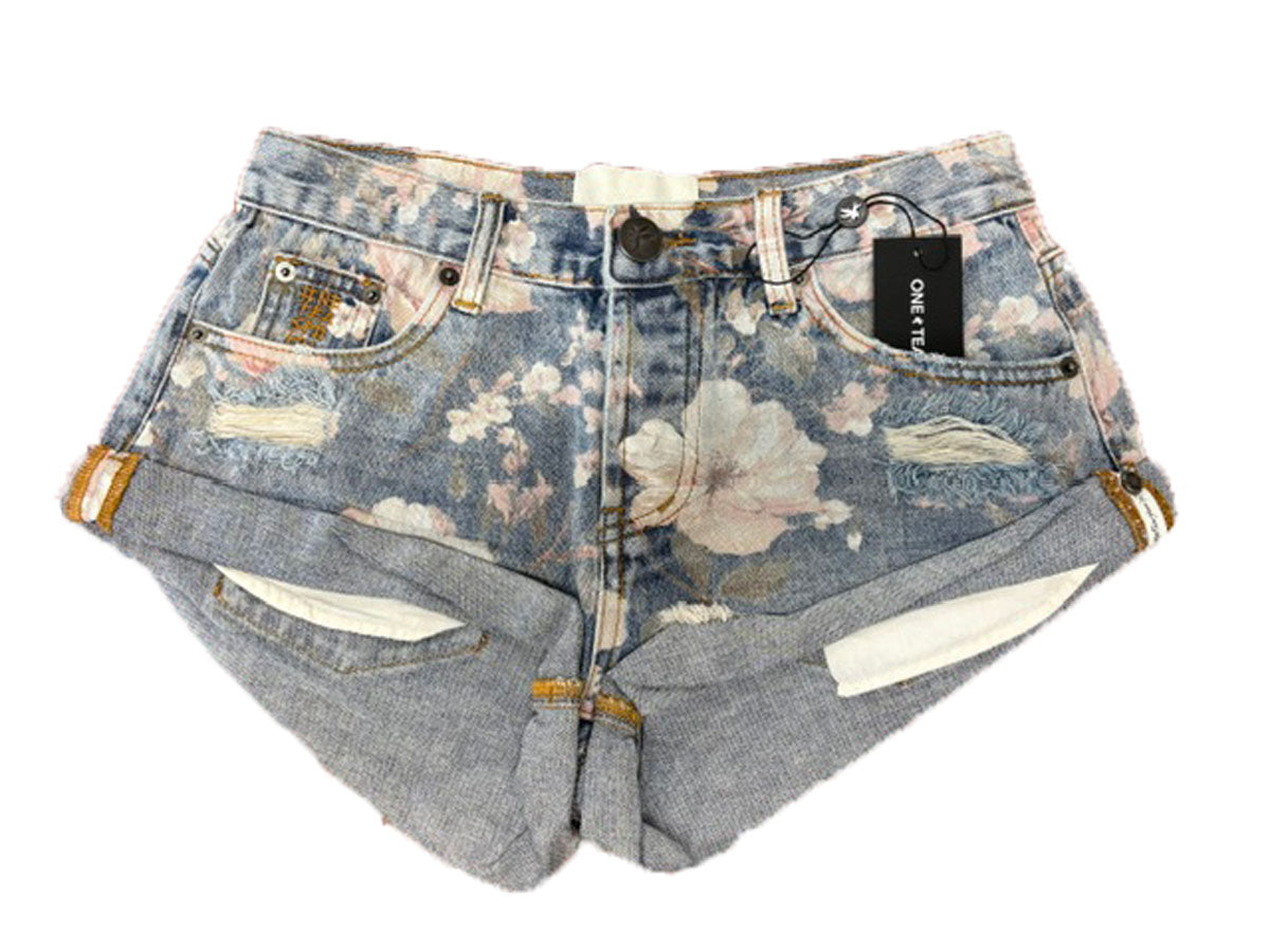 One Teaspoon Lovelorn Bloom Bandits Low Waist Denim Shorts in cobaine blue denim with floral print from front flat lay