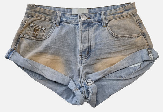 One Teaspoon Palm Springs Bandit Low Waist Denim Shorts in faded orange and blue front veiw