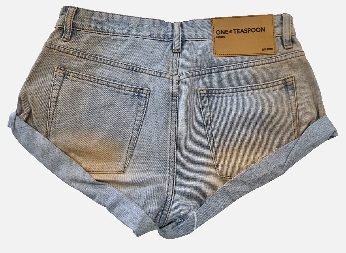 One Teaspoon Palm Springs Bandit Low Waist Denim Shorts in faded orange and blue Backveiw