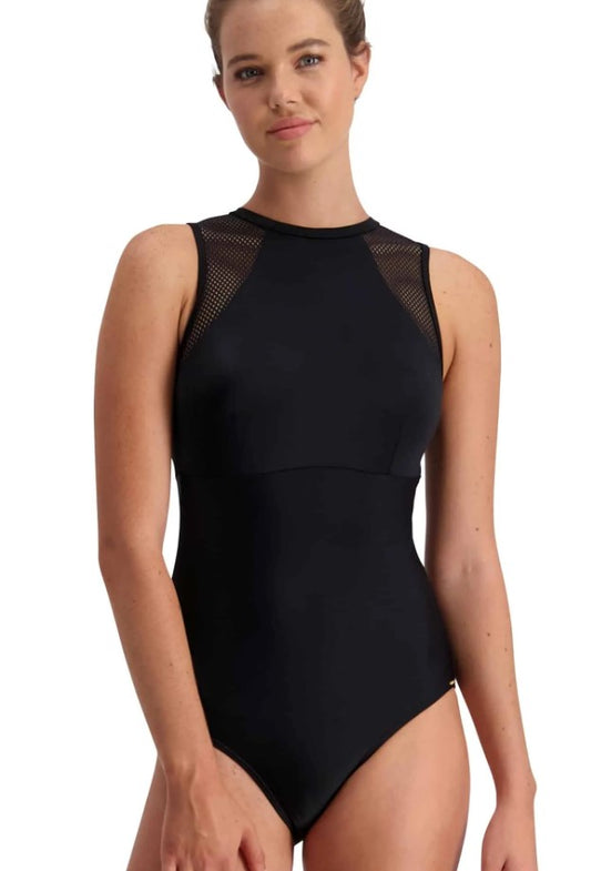 Piha Mesh High Neck Swimsuit in black on model