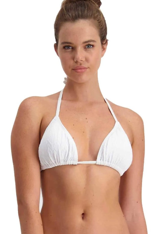 Piha Gelato Sliding Tri with Hipster Pant Bikini Set in white on dark-haired model showing top from front