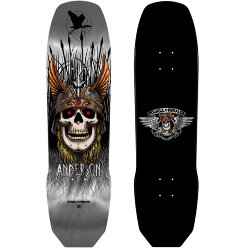 Powell Peralta Andy Anderson 8.75" Silver Foil Skate Deck showing top and bottom views