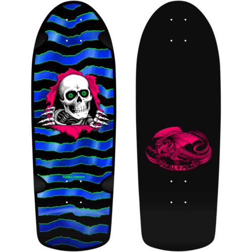 Powell Peralta OG Ripper Checker10" Blacklight Foil Skate Deck in blue and black foil showing top and bottom of deck