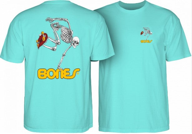 Powell Peralta Skateboard Skeleton Tee  in celadon colourway showing both front and rear views