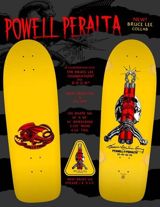 Powell Peralta 10" Skull & Nunchucks Bruce Lee Skate Deck in yellow showing top and bottom of deck