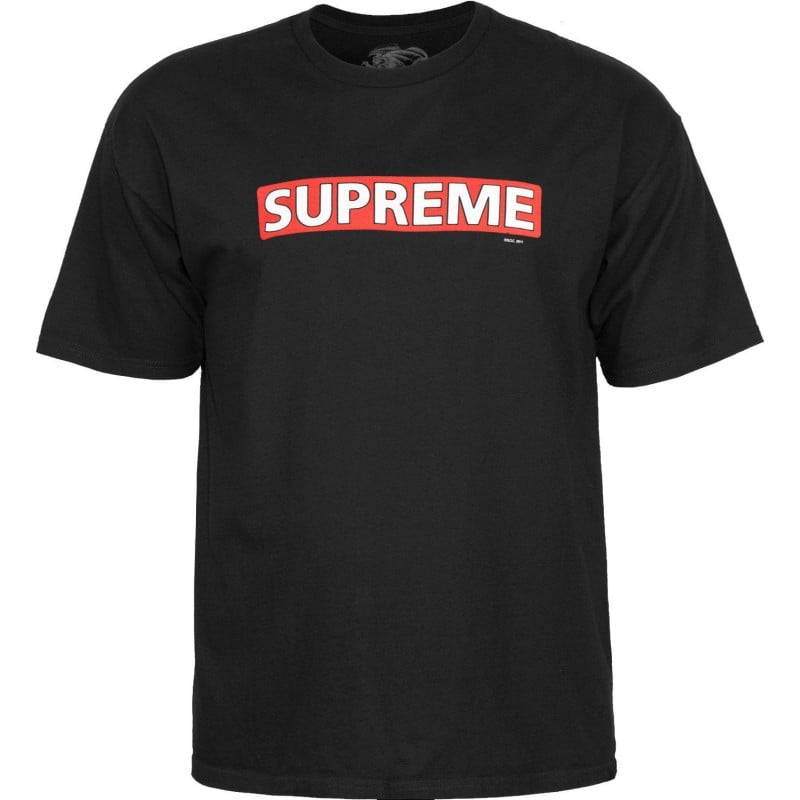 Powell Peralta Supreme Tee  in black showing supreme logo on front