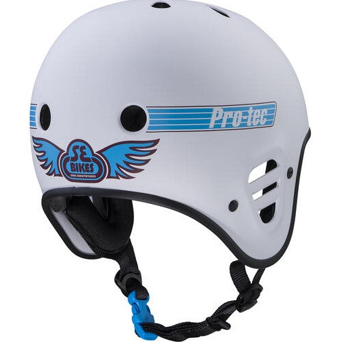 Protec Full Cut Cert Skate Helmet in white with blue decals from rear