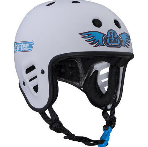 Protec Full Cut Cert Skate Helmet in white with blue decals from front
