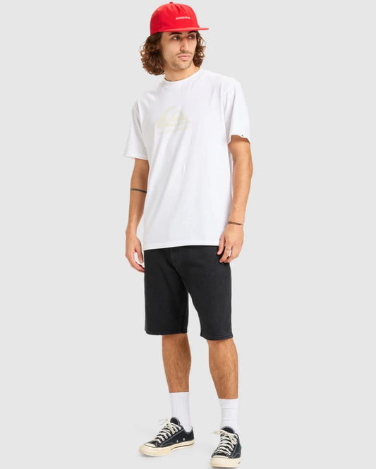 Quiksilver Aqua Cult 20" Denim Shorts in black on model wearing a white tee and red cap