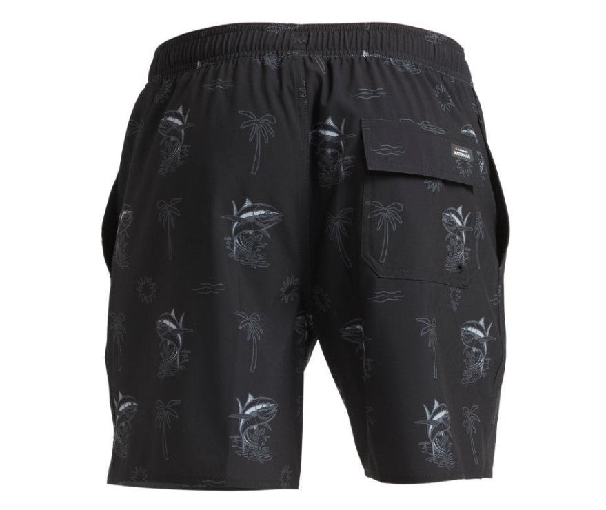 Quiksilver Atoll 18" Volley Shorts  in black with fishing imagery printed on them from rear