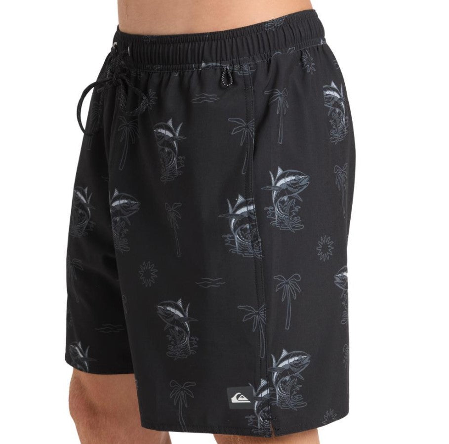 Quiksilver Atoll 18" Volley Shorts  in black with fishing imagery printed on them from side