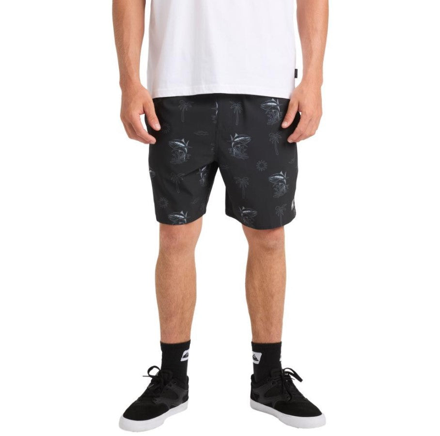 Quiksilver Atoll 18" Volley Shorts  in black with fishing imagery printed on them from front