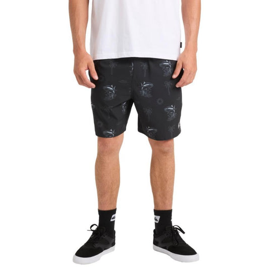 Quiksilver Atoll 18" Volley Shorts  in black with fishing imagery printed on them from front