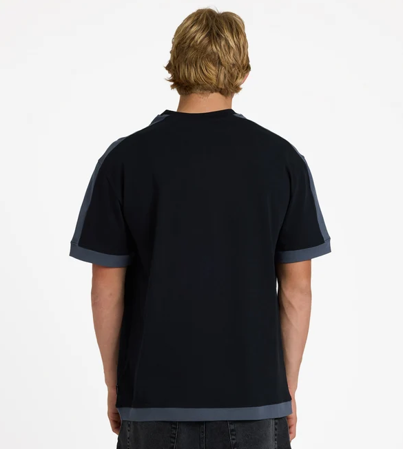Quiksilver AV-2 Men's T-Shirt in black with charcoal trim on model in black jeans from rear close up