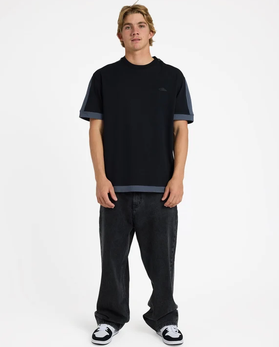 Quiksilver AV-2 Men's T-Shirt in black with charcoal trim on model in black jeans