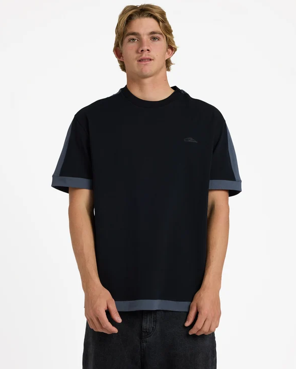 Quiksilver AV-2 Men's T-Shirt in black with charcoal trim on model in black jeans close up