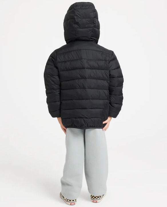 Quiksilver Boys Scaly Hooded Puffer Jacket in black on child model from rear