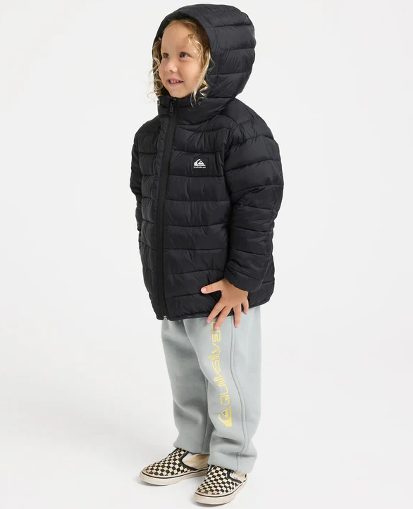 Quiksilver Boys Scaly Hooded Puffer Jacket in black on child model from side