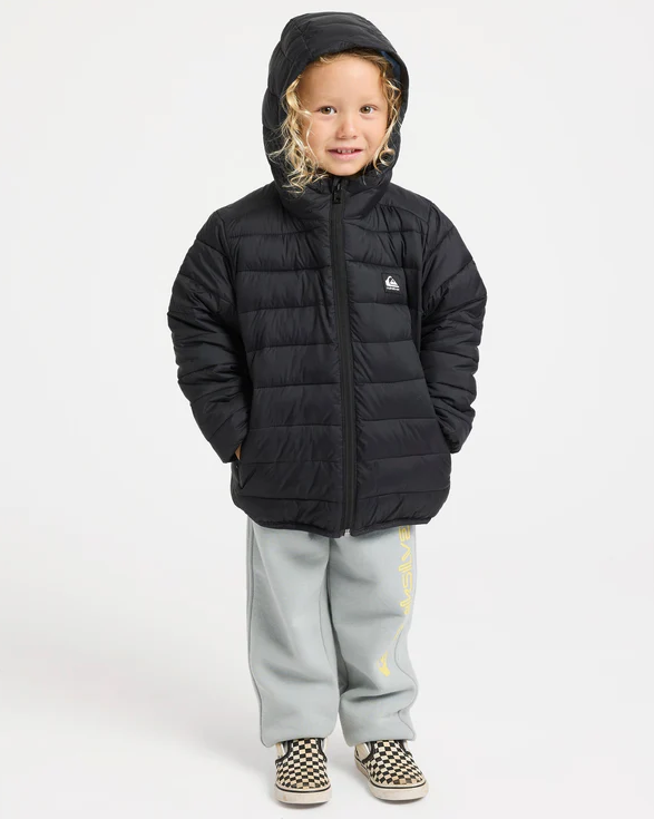 Quiksilver Boys Scaly Hooded Puffer Jacket in black on child model from front