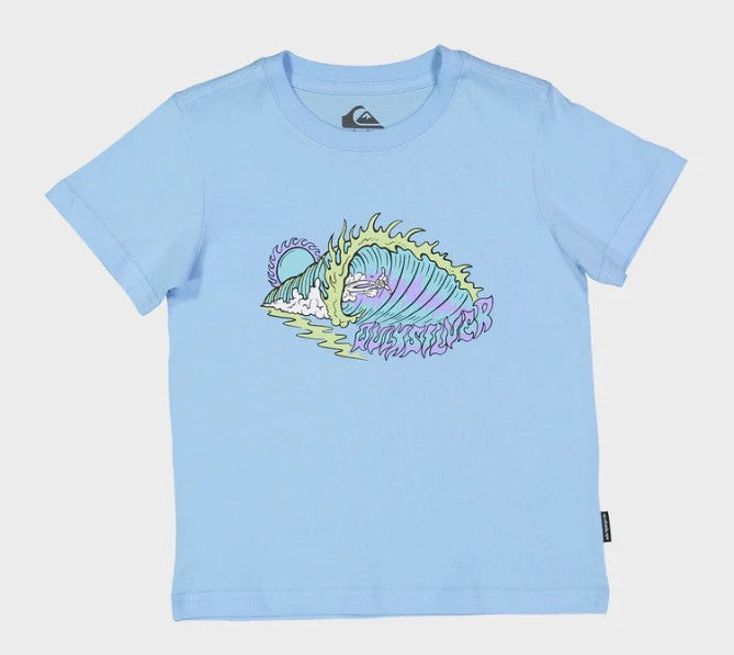 Quiksilver Boys Shaka Mahalo T-Shirt in airy blue colourway with colourful wave graphic on front