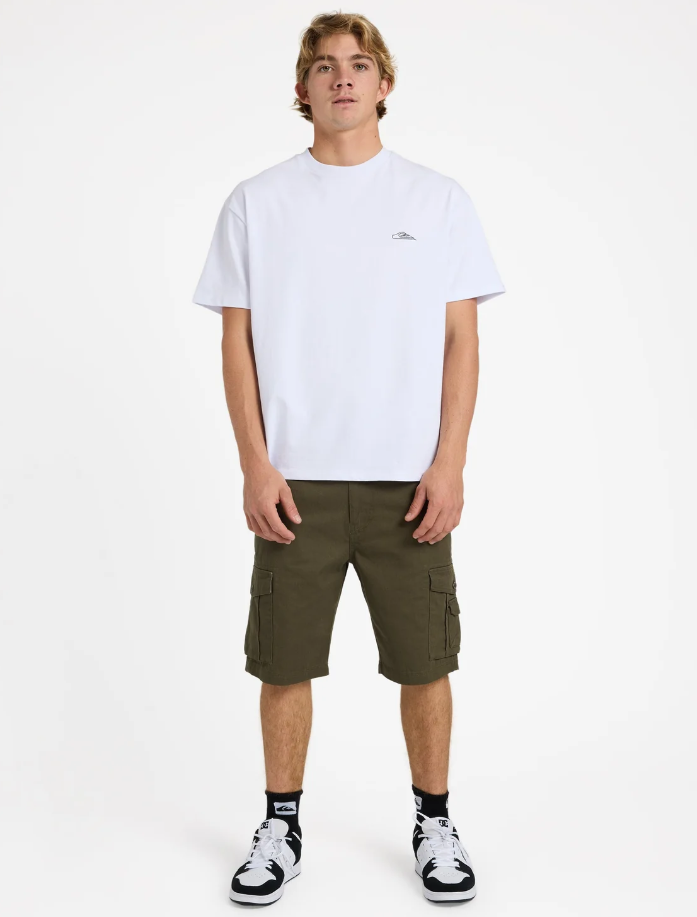 Quiksilver Crucial Battle 21" Cargo Shorts in grape leaf on model in white tee