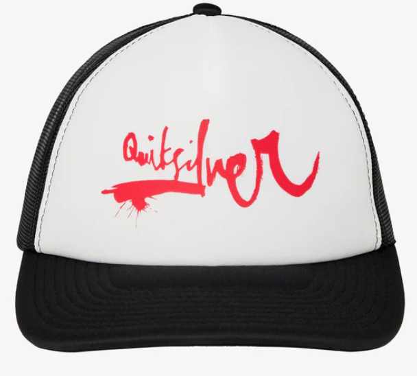 Quiksilver DNA Impaired Trucker Cap in black mesh with white crown and red printing from front