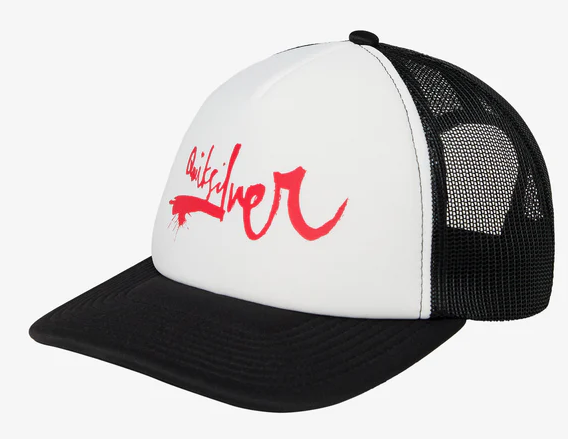 Quiksilver DNA Impaired Trucker Cap in black mesh with white crown and red printing from front angular view